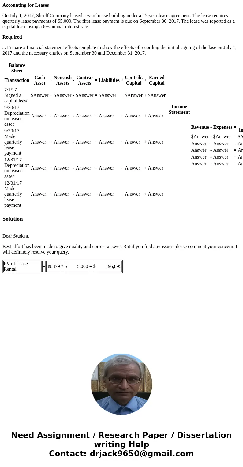 Accounting for Leases On July 1, 2017, Shroff Company leased a warehouse building under a 15-year lease agreement. The lease requires quarterly lease payments o