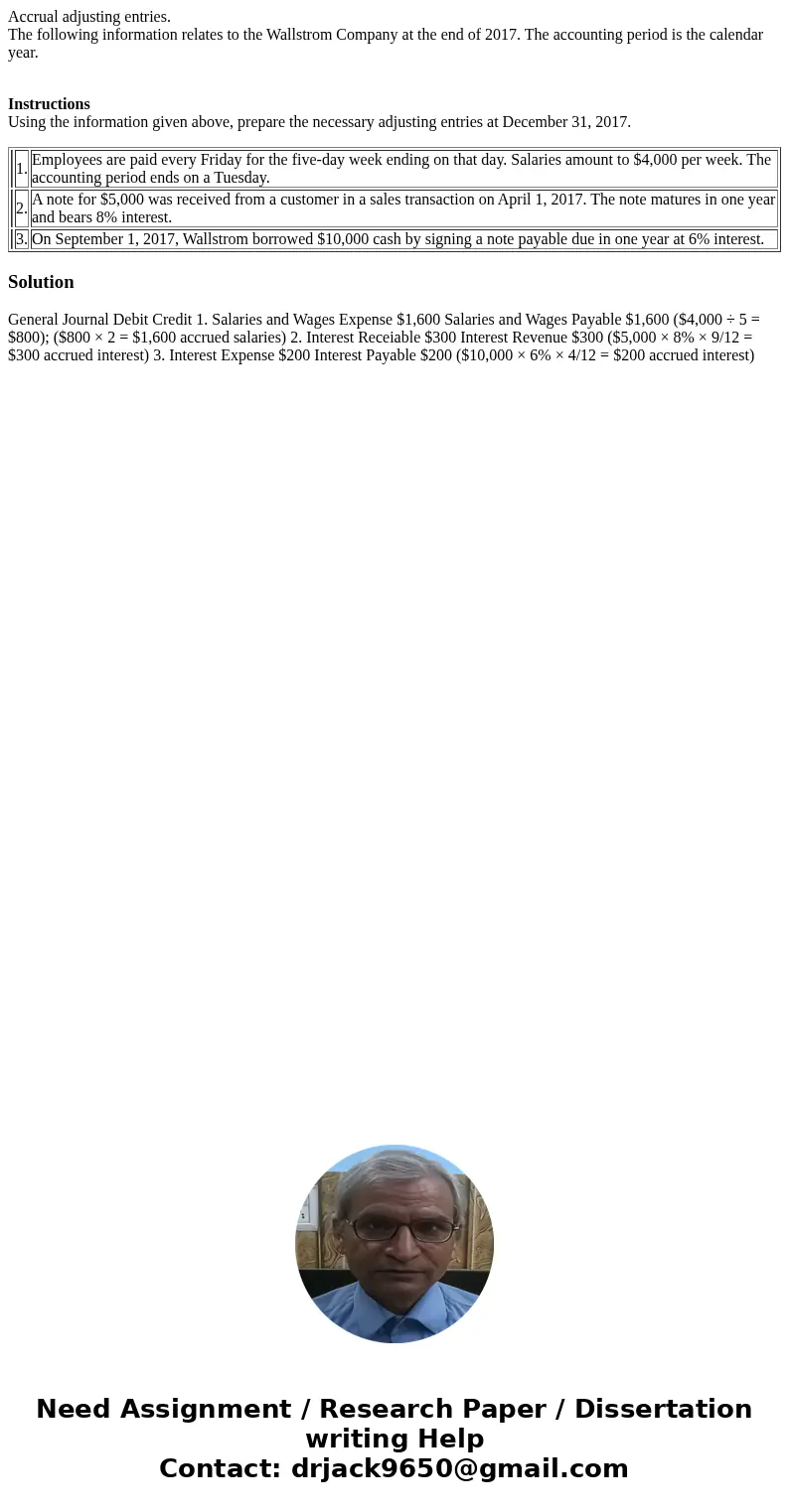 Accrual adjusting entries. The following information relates to the Wallstrom Company at the end of 2017. The accounting period is the calendar year. Instructio Accrual adjusting entries. The following information relates to the Wallstrom Company at the end of 2017. The accounting period is the calendar year. Instructio