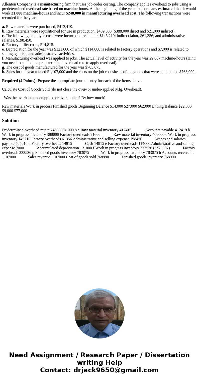 Allenton Company is a manufacturing firm that uses job-order costing. The company applies overhead to jobs using a predetermined overhead rate based on machine- Allenton Company is a manufacturing firm that uses job-order costing. The company applies overhead to jobs using a predetermined overhead rate based on machine-