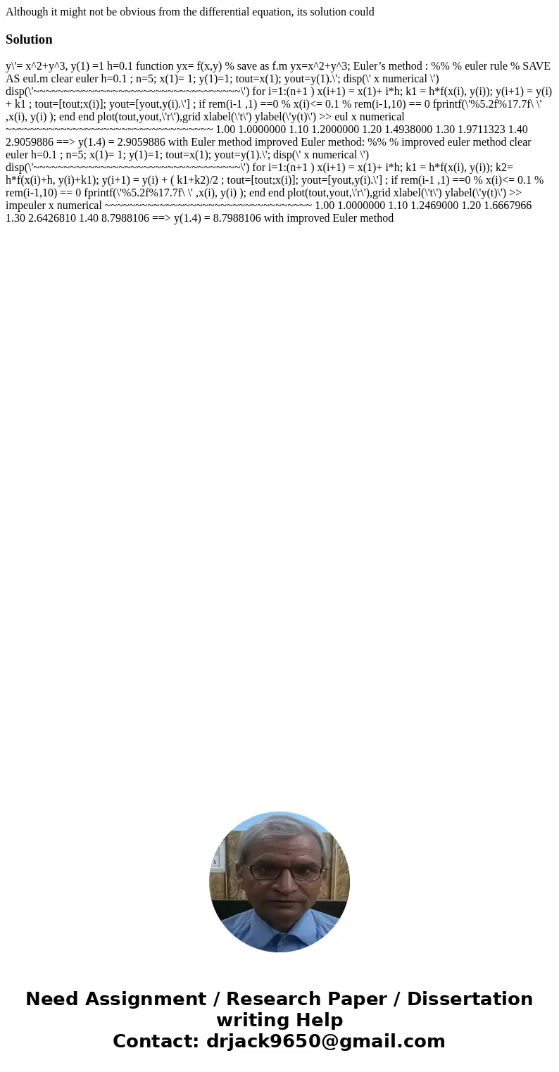 Although it might not be obvious from the differential equation, its solution could Solution y\'= x^2+y^3, y(1) =1 h=0.1 function yx= f(x,y) % save as f.m yx=x^ Although it might not be obvious from the differential equation, its solution could Solution y\'= x^2+y^3, y(1) =1 h=0.1 function yx= f(x,y) % save as f.m yx=x^