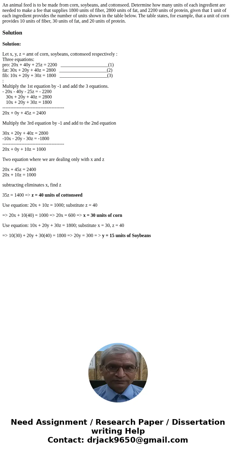  An animal feed is to be made from corn, soybeans, and cottonseed. Determine how many units of each ingredient are needed to make a fee that supplies 1800 units