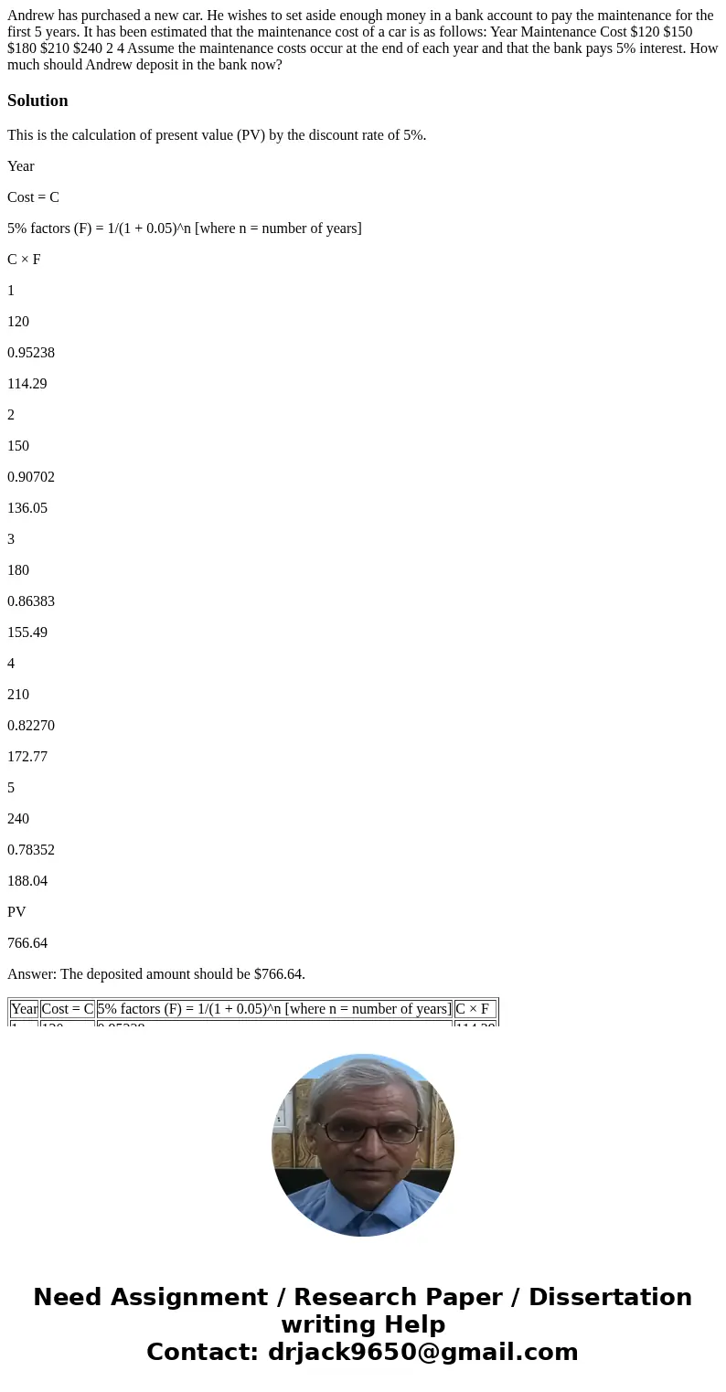 Andrew has purchased a new car. He wishes to set aside enough money in a bank account to pay the maintenance for the first 5 years. It has been estimated that   Andrew has purchased a new car. He wishes to set aside enough money in a bank account to pay the maintenance for the first 5 years. It has been estimated that