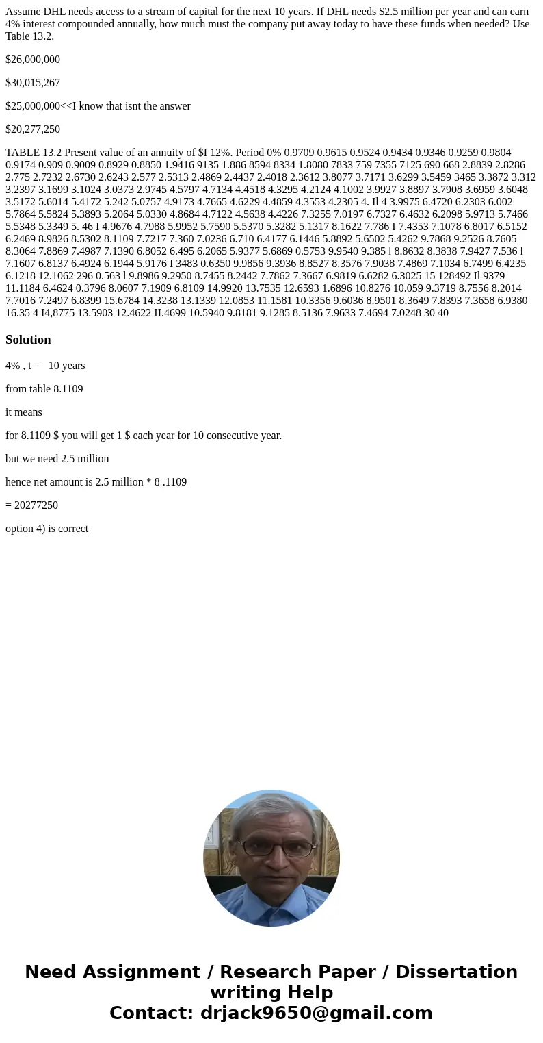 Assume DHL needs access to a stream of capital for the next 10 years. If DHL needs $2.5 million per year and can earn 4% interest compounded annually, how much  Assume DHL needs access to a stream of capital for the next 10 years. If DHL needs $2.5 million per year and can earn 4% interest compounded annually, how much