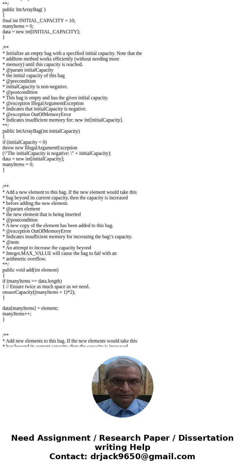 Below is the extra info needed for the lab: In this assignment you will need to use InLArrayBag,java and Ba java. 0: Read Chapter 3 and Appendix I from the text Below is the extra info needed for the lab: In this assignment you will need to use InLArrayBag,java and Ba java. 0: Read Chapter 3 and Appendix I from the text