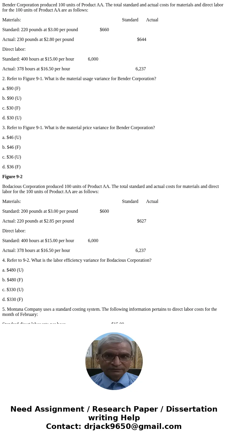 Bender Corporation produced 100 units of Product AA. The total standard and actual costs for materials and direct labor for the 100 units of Product AA are as f Bender Corporation produced 100 units of Product AA. The total standard and actual costs for materials and direct labor for the 100 units of Product AA are as f