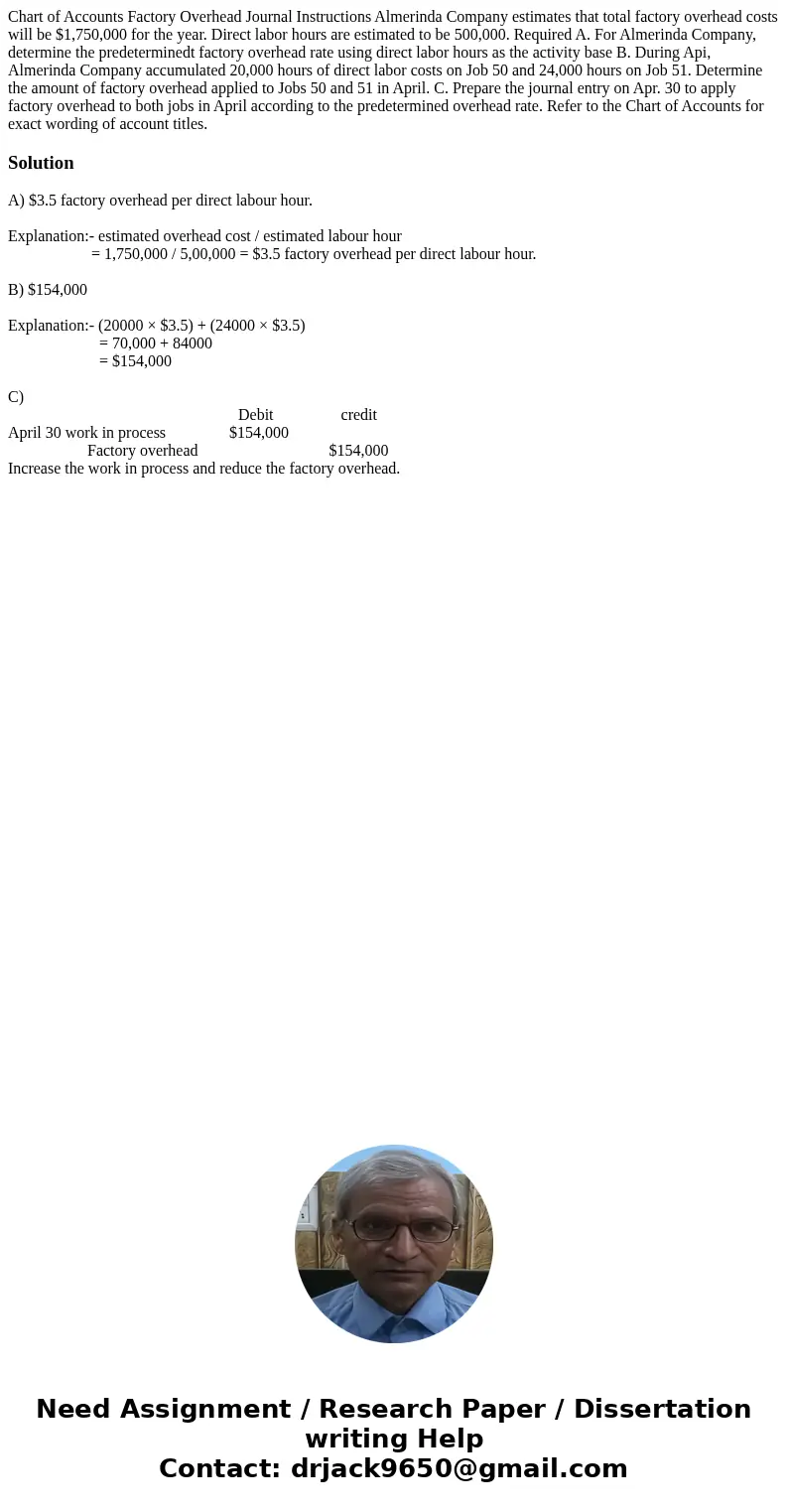 Chart of Accounts Factory Overhead Journal Instructions Almerinda Company estimates that total factory overhead costs will be $1,750,000 for the year. Direct l  Chart of Accounts Factory Overhead Journal Instructions Almerinda Company estimates that total factory overhead costs will be $1,750,000 for the year. Direct l