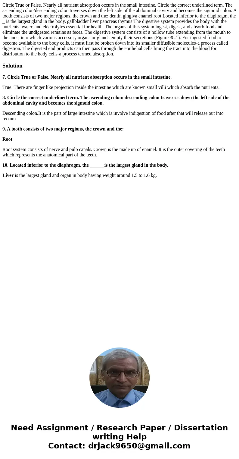  Circle True or False. Nearly all nutrient absorption occurs in the small intestine. Circle the correct underlined term. The ascending colon/descending colon tr