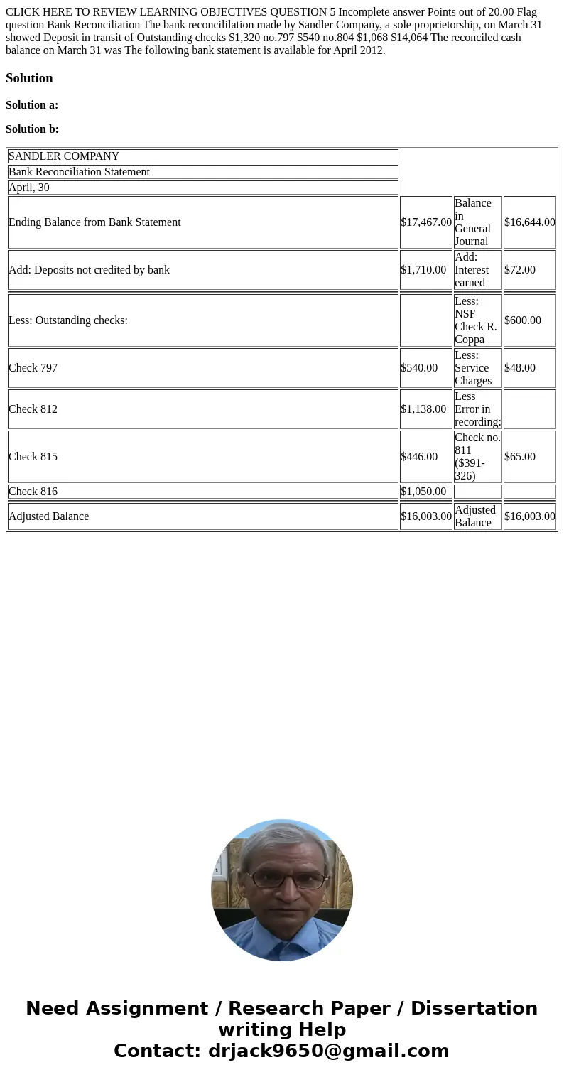  CLICK HERE TO REVIEW LEARNING OBJECTIVES QUESTION 5 Incomplete answer Points out of 20.00 Flag question Bank Reconciliation The bank reconcililation made by Sa