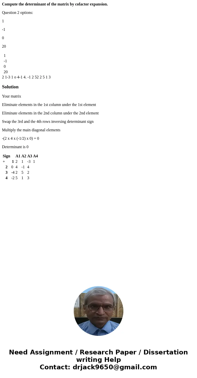 Compute the determinant of the matrix by cofactor expansion. Question 2 options: 1 -1 0 20 1 -1 0 20 2 1-3 1 o 4-1 4. -1 2 52 2 5 1 3 SolutionYour matrix Elimin