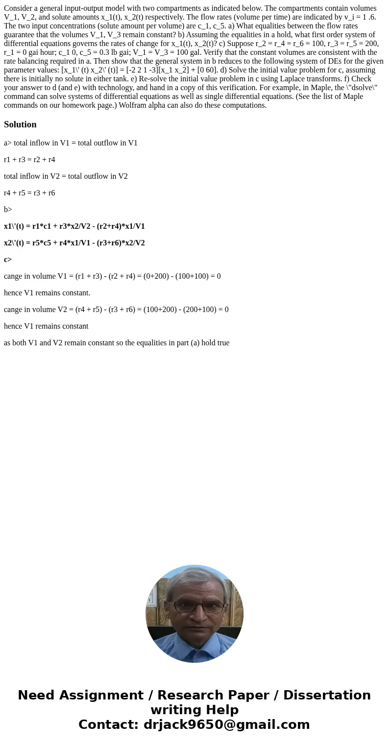 Consider a general input-output model with two compartments as indicated below. The compartments contain volumes V_1, V_2, and solute amounts x_1(t), x_2(t) re  Consider a general input-output model with two compartments as indicated below. The compartments contain volumes V_1, V_2, and solute amounts x_1(t), x_2(t) re