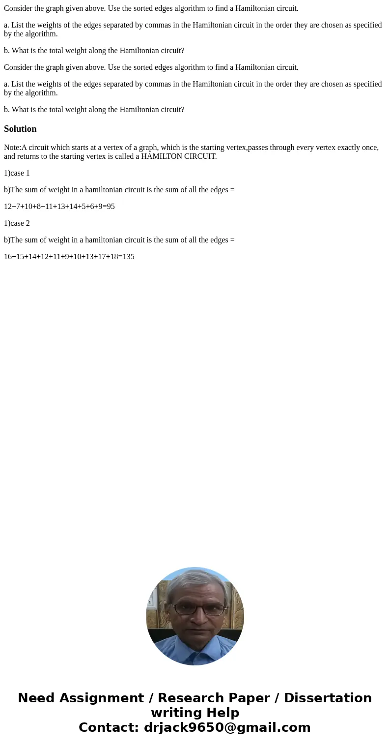 Consider the graph given above. Use the sorted edges algorithm to find a Hamiltonian circuit. a. List the weights of the edges separated by commas in the Hamilt