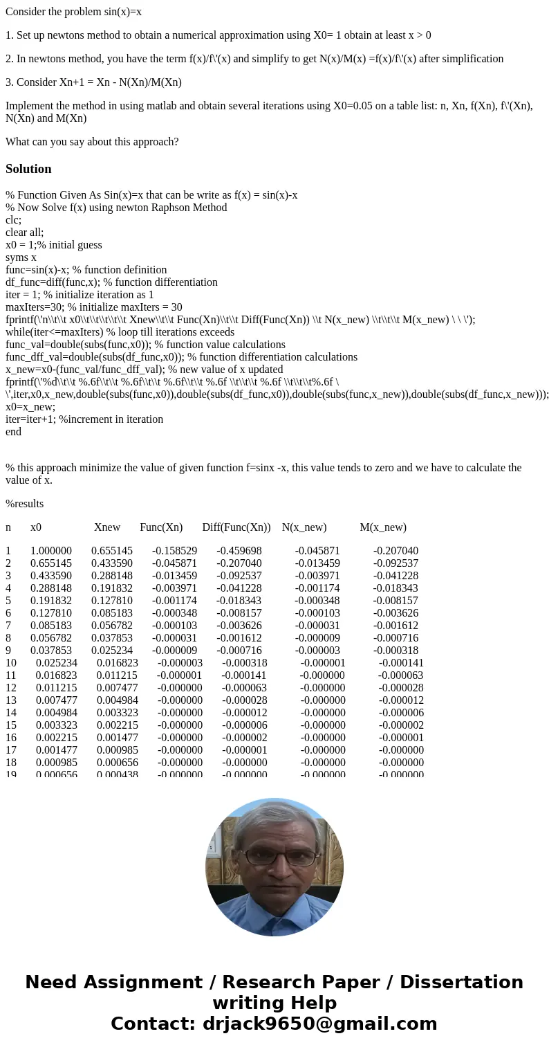 Consider the problem sin(x)=x 1. Set up newtons method to obtain a numerical approximation using X0= 1 obtain at least x > 0 2. In newtons method, you have t Consider the problem sin(x)=x 1. Set up newtons method to obtain a numerical approximation using X0= 1 obtain at least x > 0 2. In newtons method, you have t