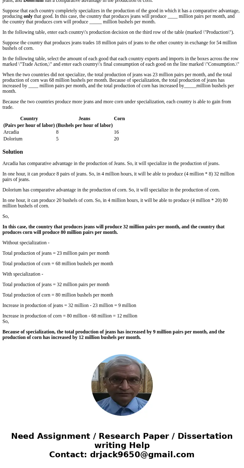Consider two neighboring island countries called Arcadia and Dolorium. They each have 4 million labor hours available per month that they can use to produce jea Consider two neighboring island countries called Arcadia and Dolorium. They each have 4 million labor hours available per month that they can use to produce jea