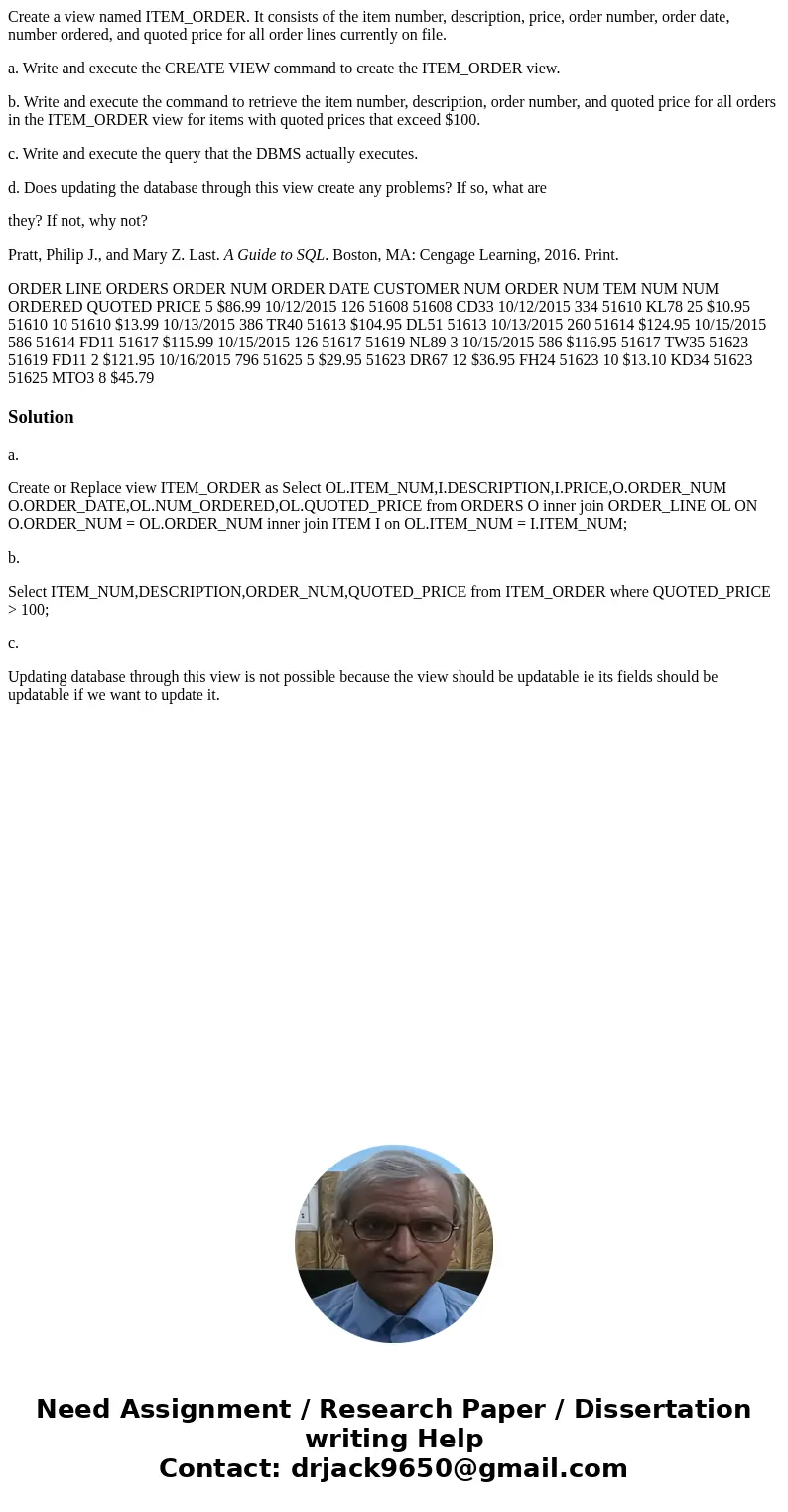 Create a view named ITEM_ORDER. It consists of the item number, description, price, order number, order date, number ordered, and quoted price for all order lin
