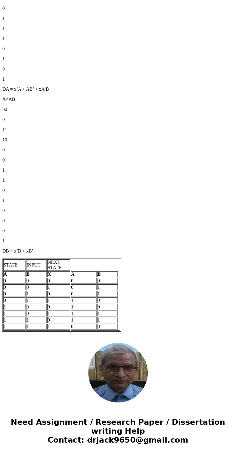 Design a sequential circuit with two D flip-flops, A and B, and a single input x, that behaves as follows: When x = 1, the circuit goes through the state transi