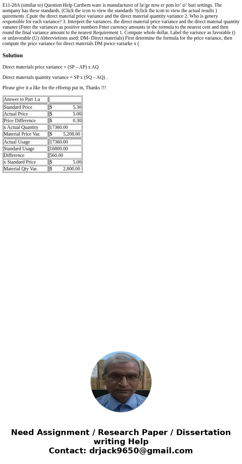E11-28A (similar to) Question Help Carthern ware is manufacturer of la\'ge now er pots lo\' u\' bari settings. The uompany has these standards. (Click the icon  E11-28A (similar to) Question Help Carthern ware is manufacturer of la\'ge now er pots lo\' u\' bari settings. The uompany has these standards. (Click the icon
