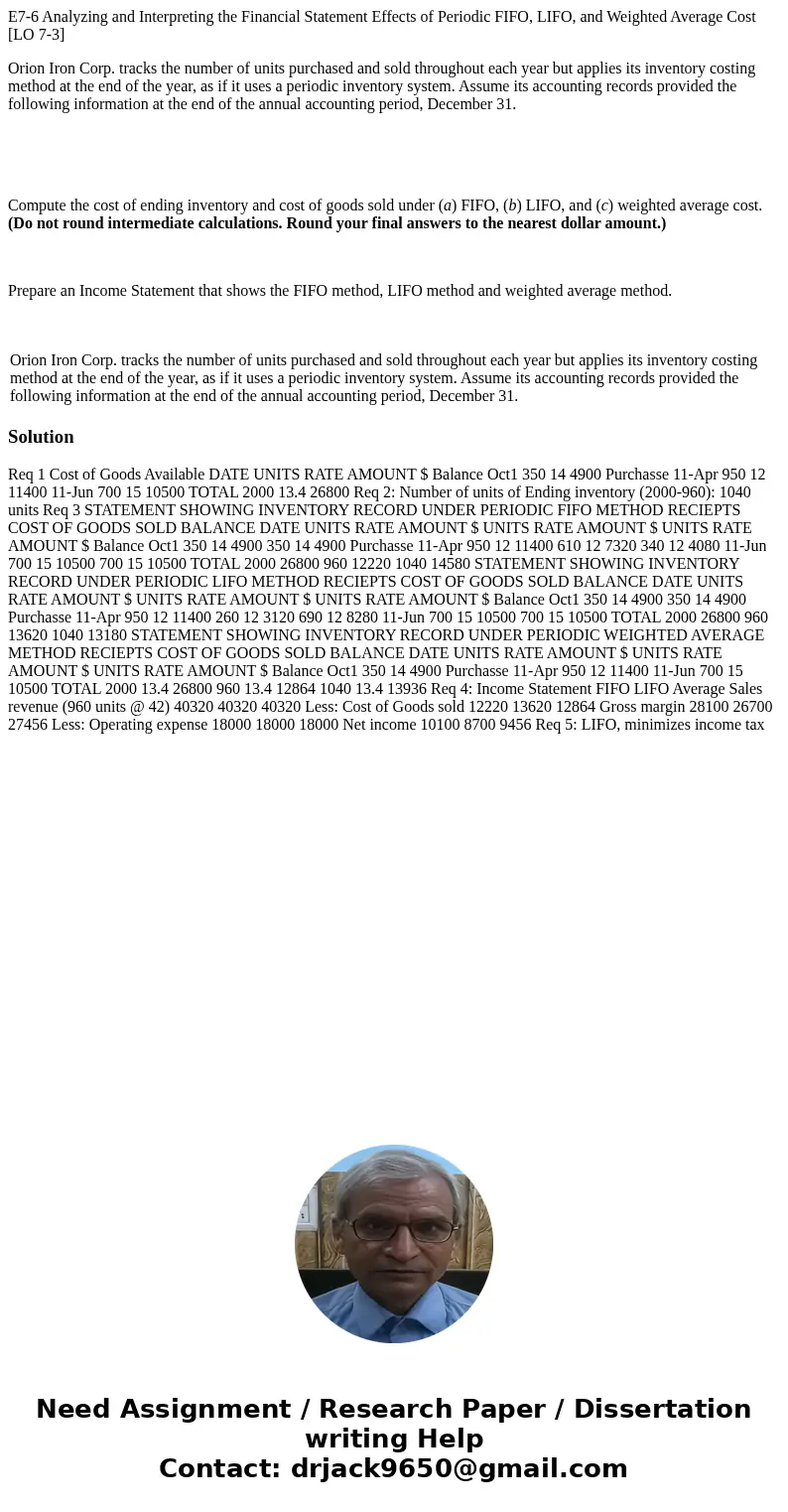 E7-6 Analyzing and Interpreting the Financial Statement Effects of Periodic FIFO, LIFO, and Weighted Average Cost [LO 7-3] Orion Iron Corp. tracks the number of