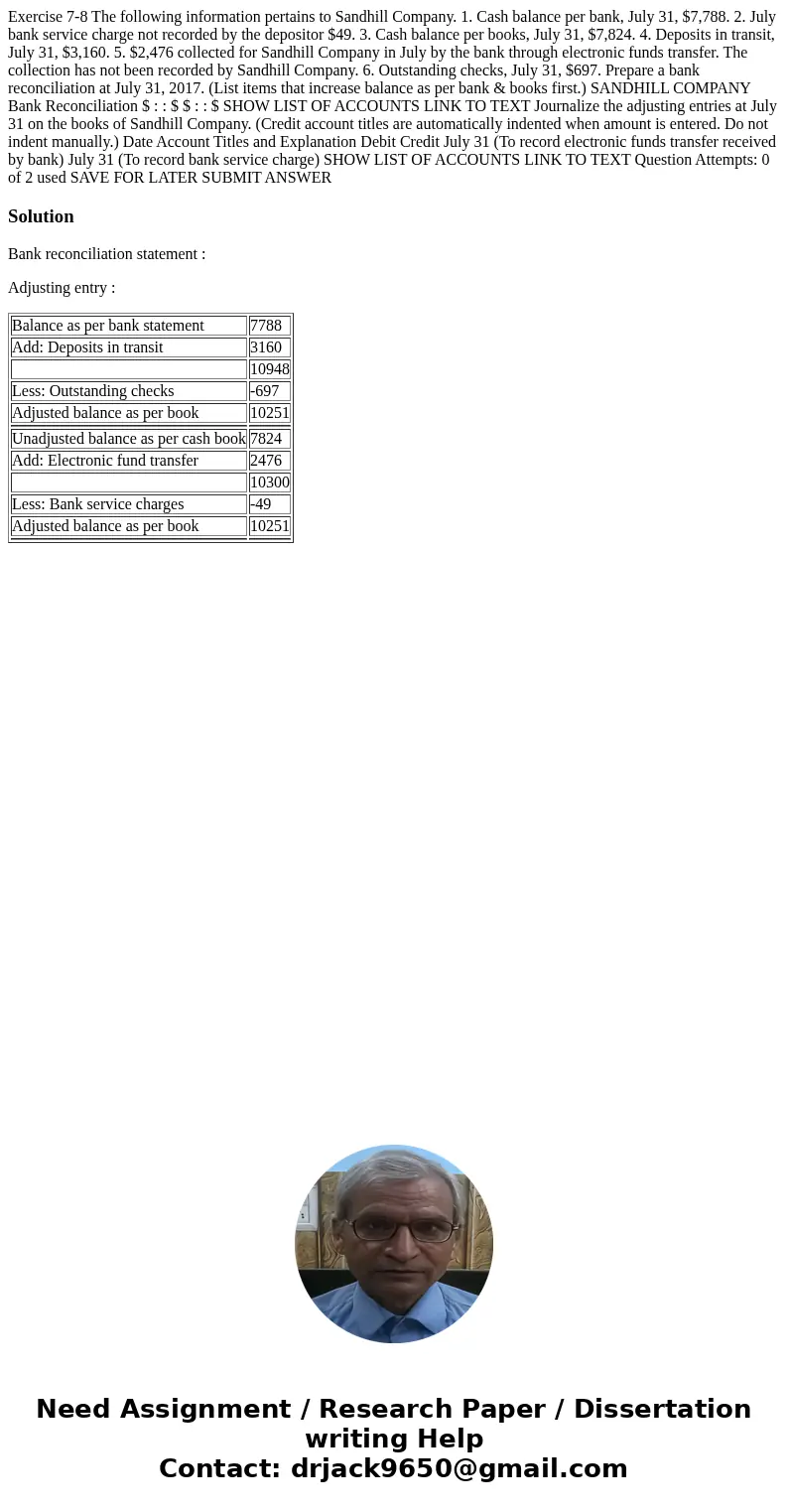 Exercise 7-8 The following information pertains to Sandhill Company. 1. Cash balance per bank, July 31, $7,788. 2. July bank service charge not recorded by the  Exercise 7-8 The following information pertains to Sandhill Company. 1. Cash balance per bank, July 31, $7,788. 2. July bank service charge not recorded by the