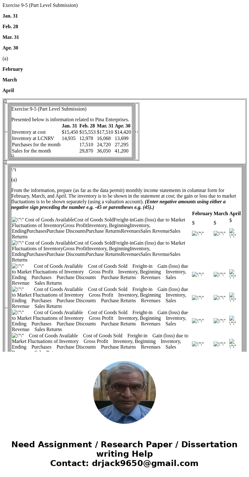 Exercise 9-5 (Part Level Submission) Jan. 31 Feb. 28 Mar. 31 Apr. 30 (a) February March April Exercise 9-5 (Part Level Submission) Presented below is informatio