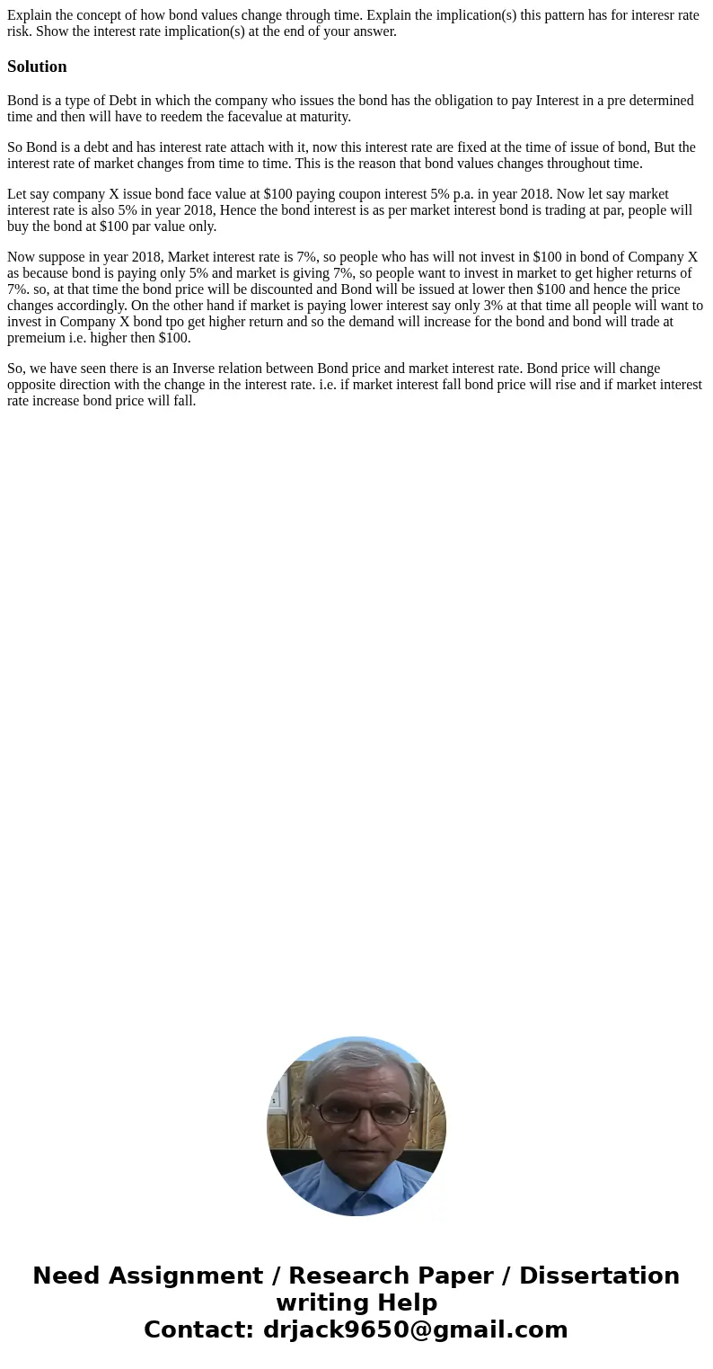 Explain the concept of how bond values change through time. Explain the implication(s) this pattern has for interesr rate risk. Show the interest rate implicati Explain the concept of how bond values change through time. Explain the implication(s) this pattern has for interesr rate risk. Show the interest rate implicati