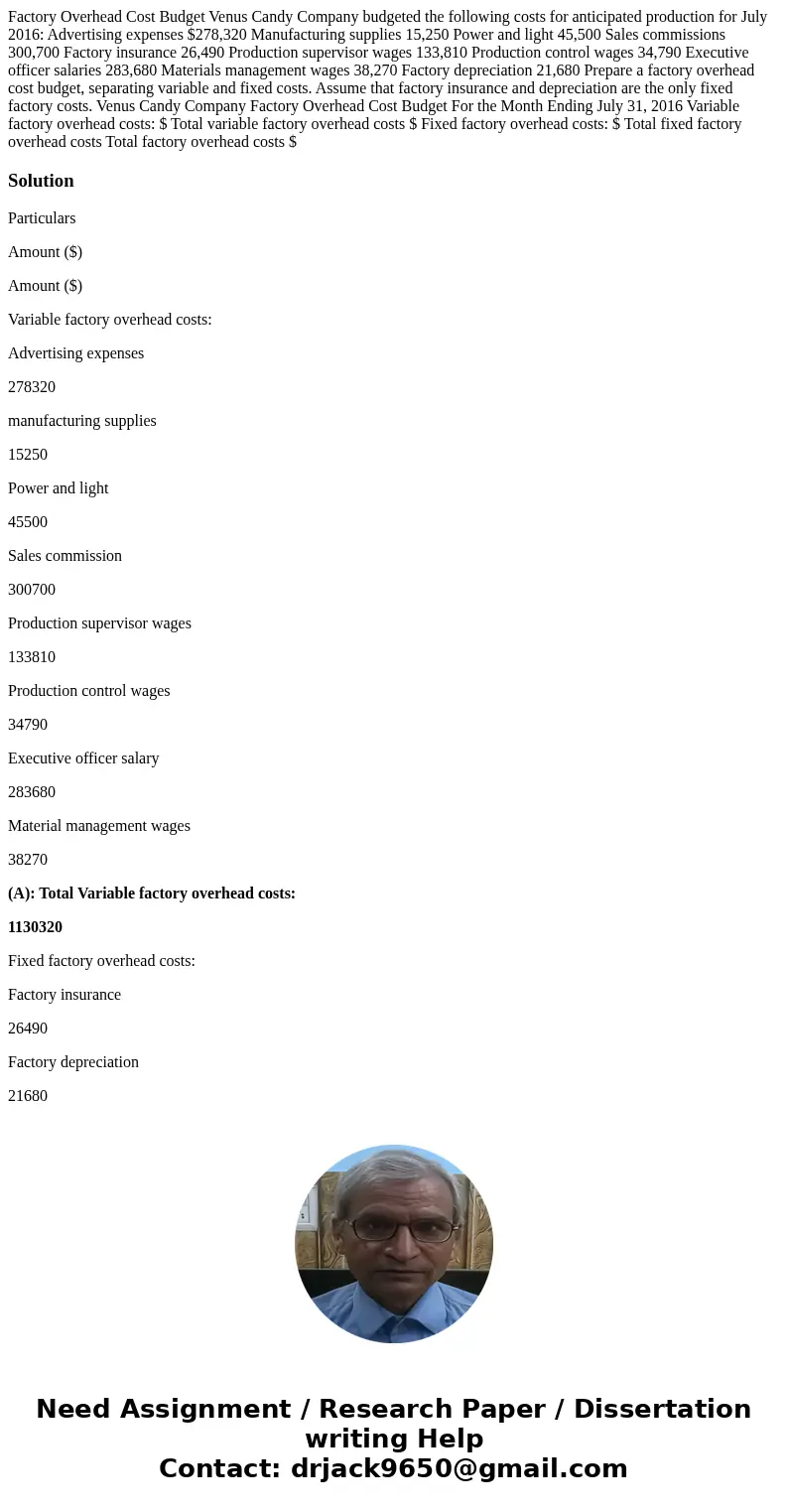 Factory Overhead Cost Budget Venus Candy Company budgeted the following costs for anticipated production for July 2016: Advertising expenses $278,320 Manufactur