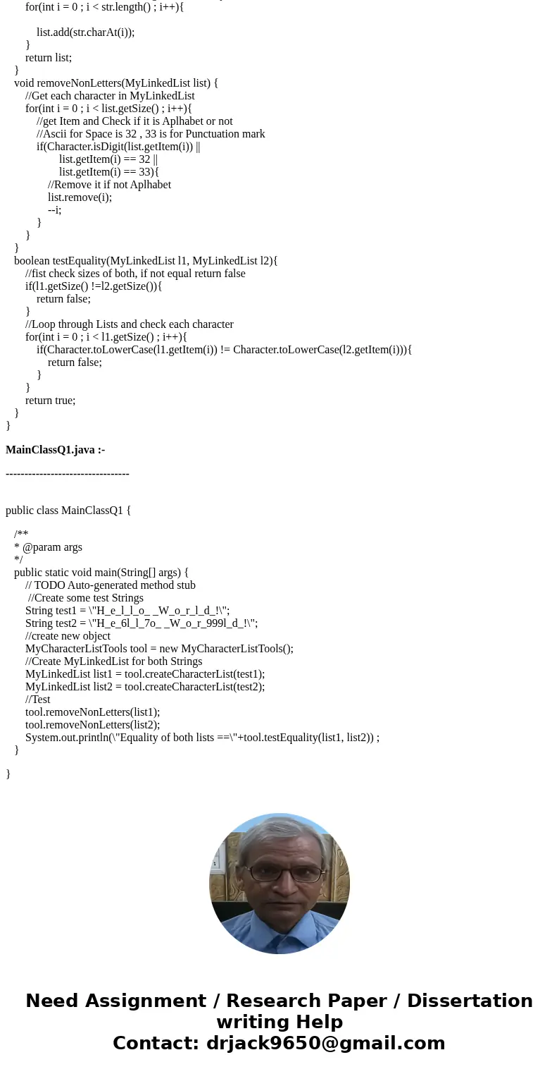 finish the java programming Create a new class named MyCharacterListTools that provides the API shown below. This class does not need a constructor nor will any