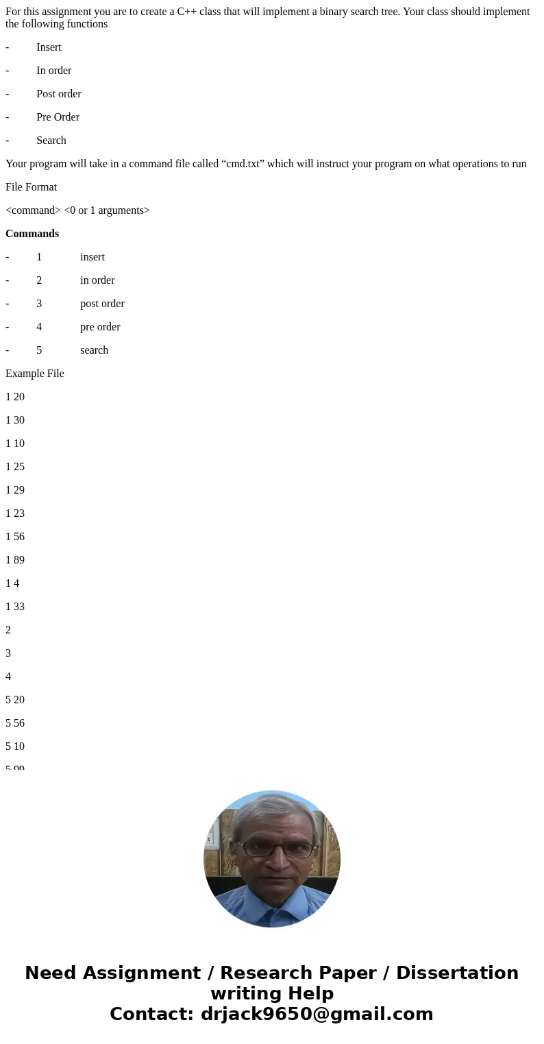 For this assignment you are to create a C++ class that will implement a binary search tree. Your class should implement the following functions - Insert - In or For this assignment you are to create a C++ class that will implement a binary search tree. Your class should implement the following functions - Insert - In or