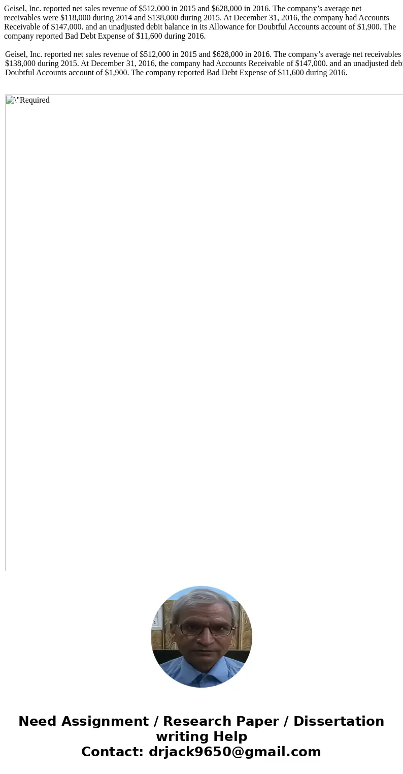 Geisel, Inc. reported net sales revenue of $512,000 in 2015 and $628,000 in 2016. The company’s average net receivables were $118,000 during 2014 and $138,000 d