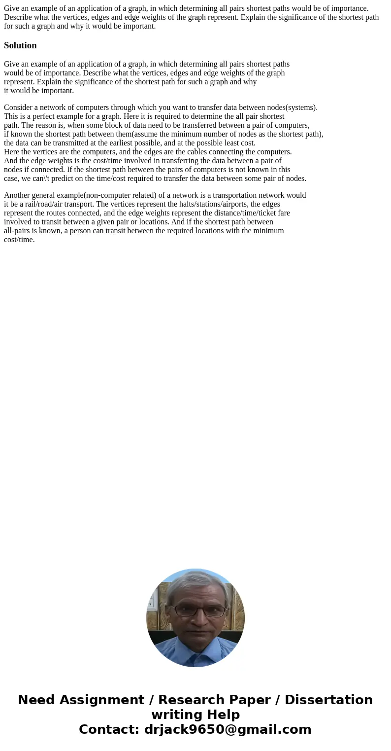 Give an example of an application of a graph, in which determining all pairs shortest paths would be of importance. Describe what the vertices, edges and edge w