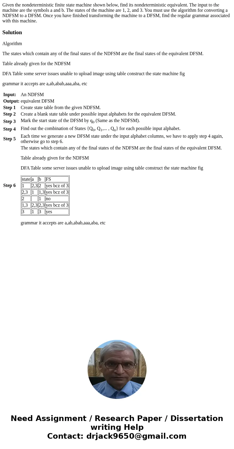 Given the nondeterministic finite state machine shown below, find its nondeterministic equivalent. The input to the machine are the symbols a and b. The states  Given the nondeterministic finite state machine shown below, find its nondeterministic equivalent. The input to the machine are the symbols a and b. The states