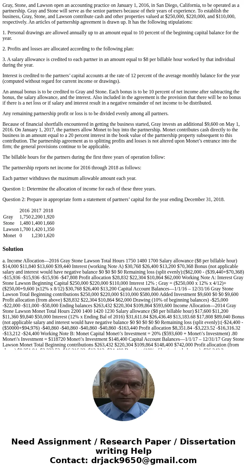 Gray, Stone, and Lawson open an accounting practice on January 1, 2016, in San Diego, California, to be operated as a partnership. Gray and Stone will serve as 