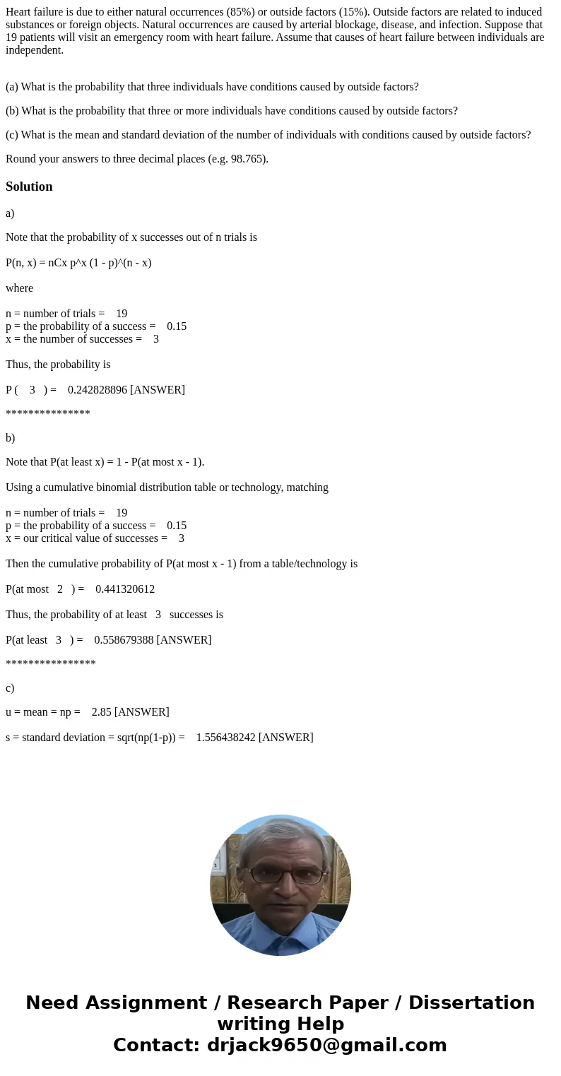 Heart failure is due to either natural occurrences (85%) or outside factors (15%). Outside factors are related to induced substances or foreign objects. Natural Heart failure is due to either natural occurrences (85%) or outside factors (15%). Outside factors are related to induced substances or foreign objects. Natural
