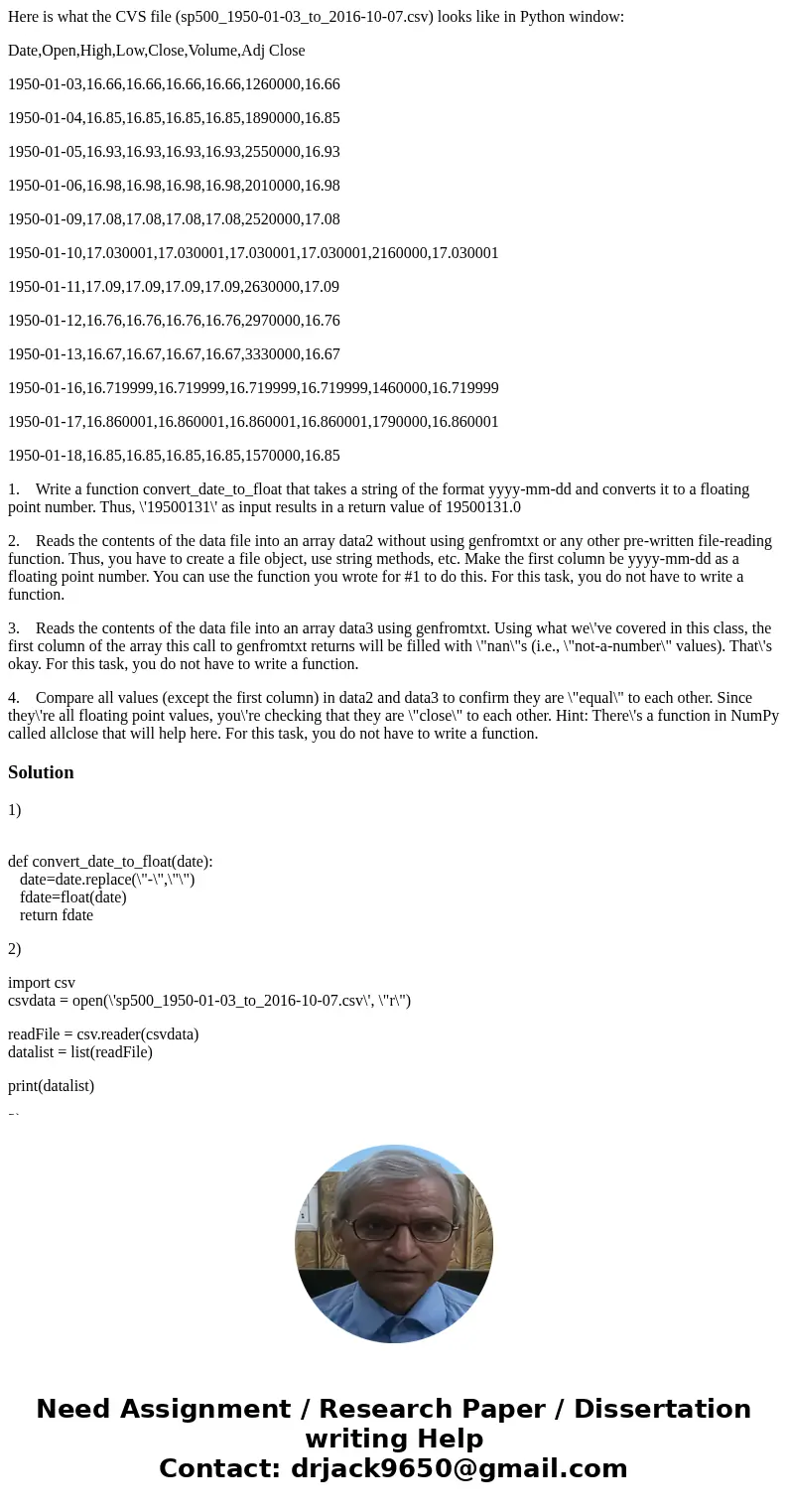 Here is what the CVS file (sp500_1950-01-03_to_2016-10-07.csv) looks like in Python window: Date,Open,High,Low,Close,Volume,Adj Close 1950-01-03,16.66,16.66,16. Here is what the CVS file (sp500_1950-01-03_to_2016-10-07.csv) looks like in Python window: Date,Open,High,Low,Close,Volume,Adj Close 1950-01-03,16.66,16.66,16.