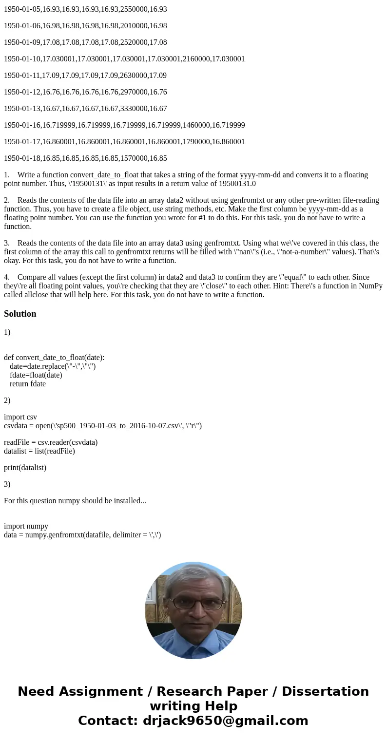 Here is what the CVS file (sp500_1950-01-03_to_2016-10-07.csv) looks like in Python window: Date,Open,High,Low,Close,Volume,Adj Close 1950-01-03,16.66,16.66,16. Here is what the CVS file (sp500_1950-01-03_to_2016-10-07.csv) looks like in Python window: Date,Open,High,Low,Close,Volume,Adj Close 1950-01-03,16.66,16.66,16.
