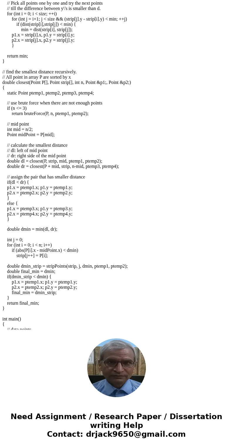 Hi I need help implementing a closest point algorithm using Divide and Conquer and Brute Force in C++. I need to keep track of the total number of comparisons, 