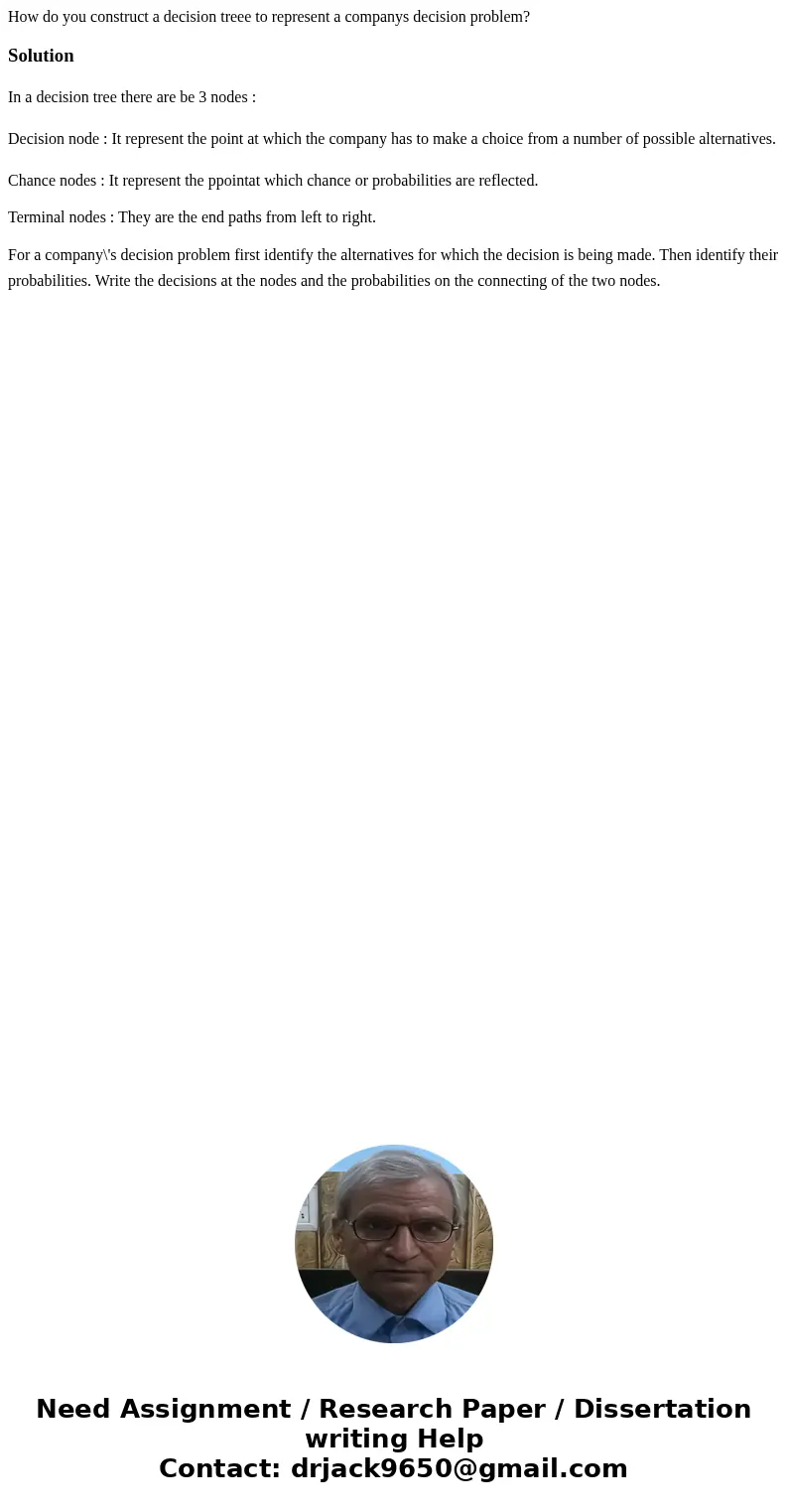 How do you construct a decision treee to represent a companys decision problem?SolutionIn a decision tree there are be 3 nodes : Decision node : It represent th