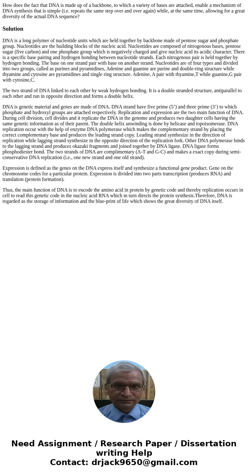 How does the fact that DNA is made up of a backbone, to which a variety of bases are attached, enable a mechanism of DNA synthesis that is simple (i.e. repeats  How does the fact that DNA is made up of a backbone, to which a variety of bases are attached, enable a mechanism of DNA synthesis that is simple (i.e. repeats