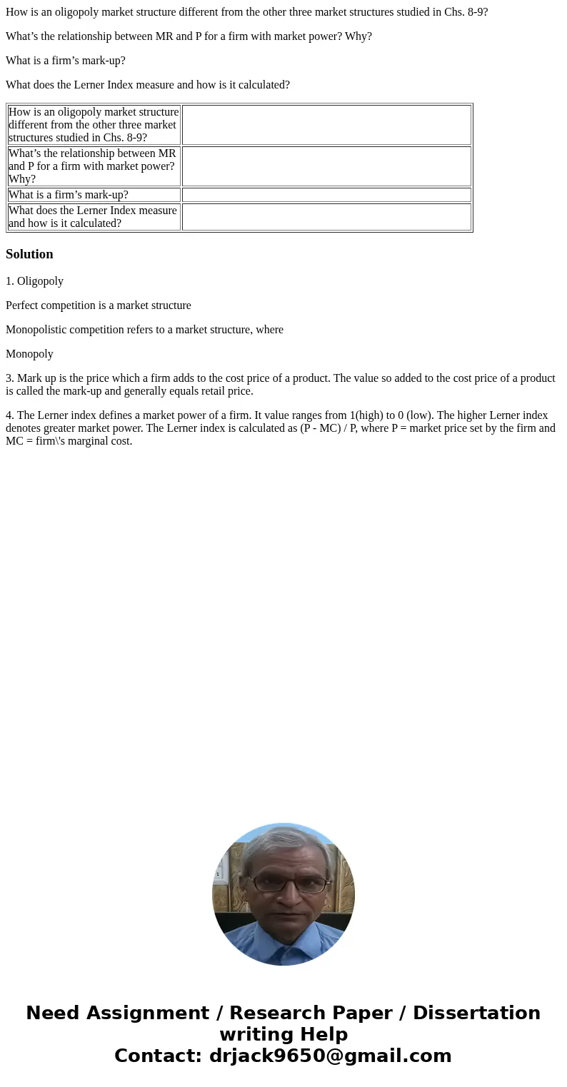 How is an oligopoly market structure different from the other three market structures studied in Chs. 8-9? What’s the relationship between MR and P for a firm w How is an oligopoly market structure different from the other three market structures studied in Chs. 8-9? What’s the relationship between MR and P for a firm w