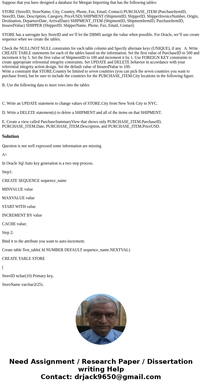 I don;t think I\'m on the right track at all for answering this question ( CREATE TABLE STORE ( StoreID nchar(10) Primary key, StoreName varchar2(25), City varc I don;t think I\'m on the right track at all for answering this question ( CREATE TABLE STORE ( StoreID nchar(10) Primary key, StoreName varchar2(25), City varc