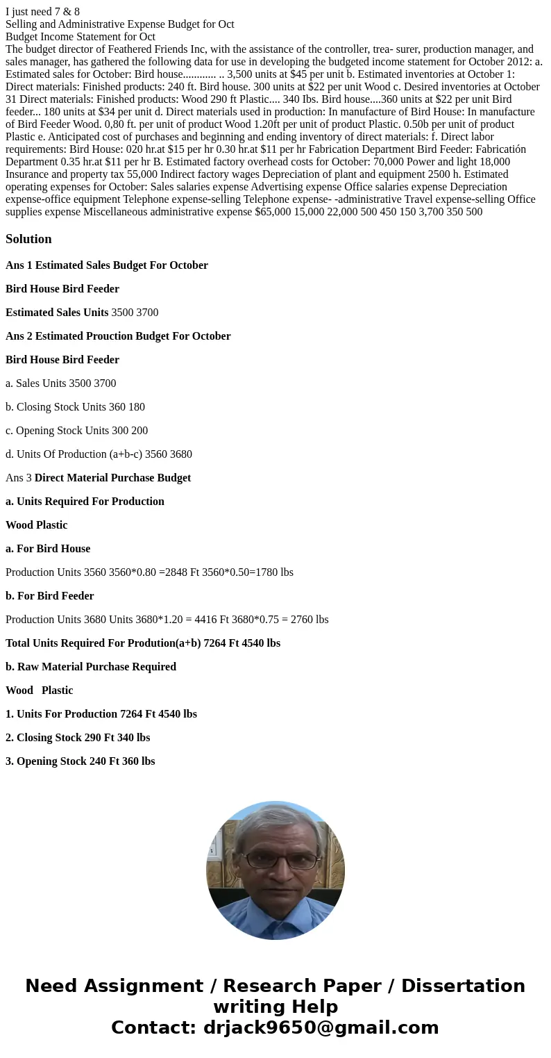 I just need 7 & 8 Selling and Administrative Expense Budget for Oct Budget Income Statement for Oct The budget director of Feathered Friends Inc, with the a I just need 7 & 8 Selling and Administrative Expense Budget for Oct Budget Income Statement for Oct The budget director of Feathered Friends Inc, with the a