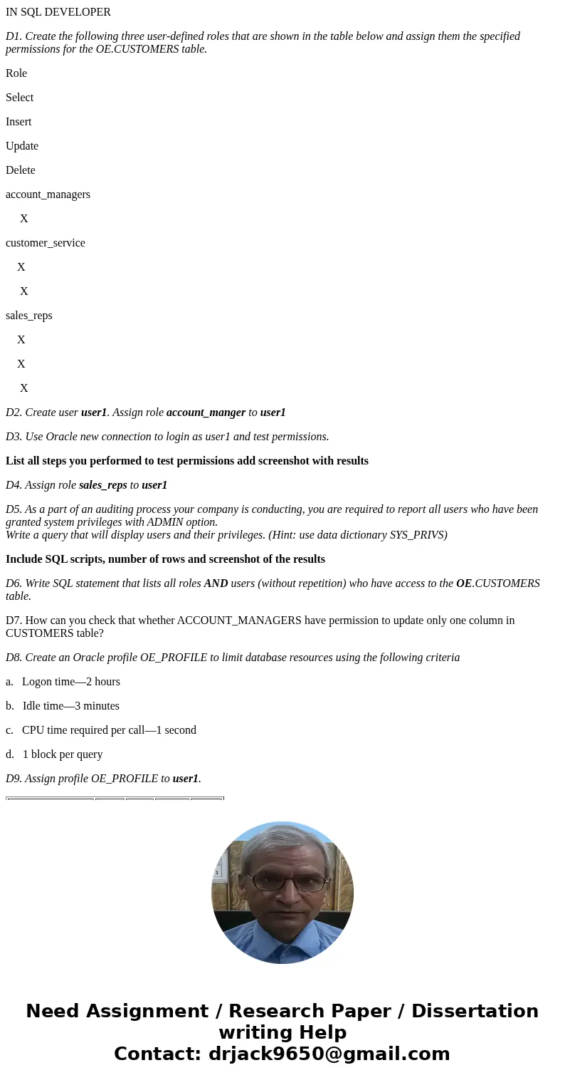 IN SQL DEVELOPER D1. Create the following three user-defined roles that are shown in the table below and assign them the specified permissions for the OE.CUSTOM