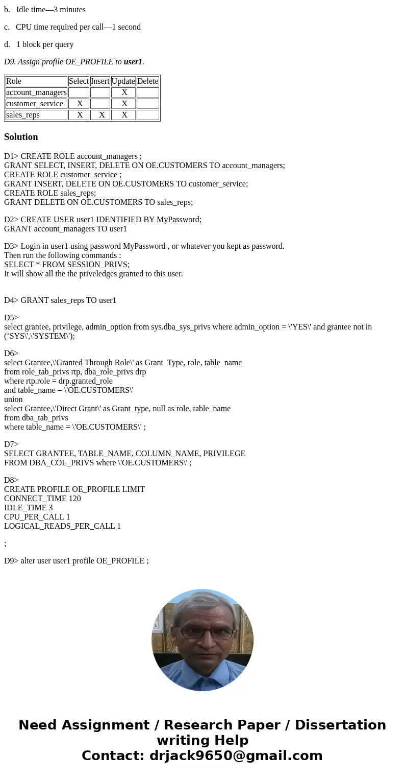 IN SQL DEVELOPER D1. Create the following three user-defined roles that are shown in the table below and assign them the specified permissions for the OE.CUSTOM