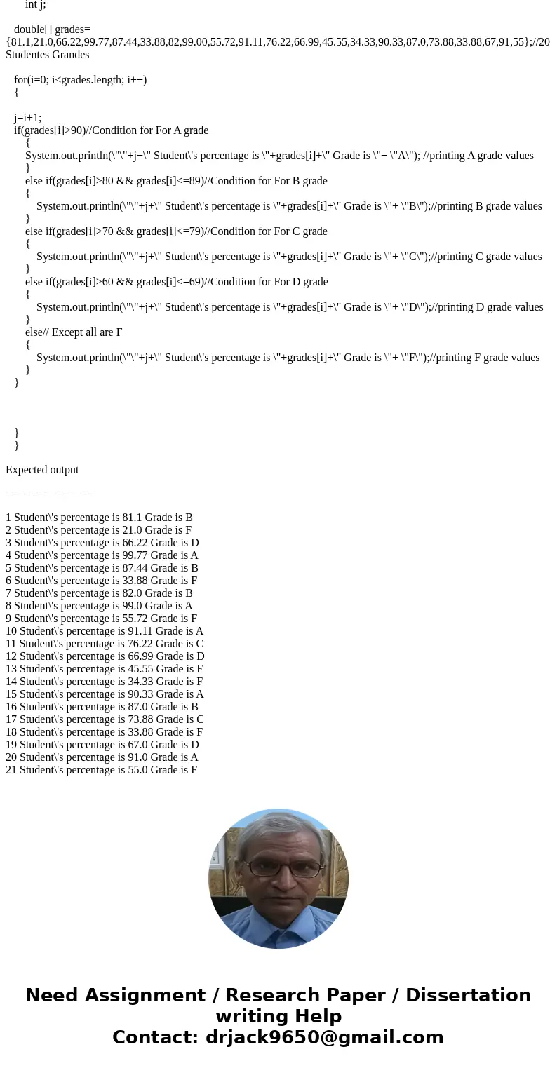 java An array grades contains percentages of 100 test grades. Populate a corresponding letterGrades array with the letter grade: double[] grades = {89.1,80,69.5
