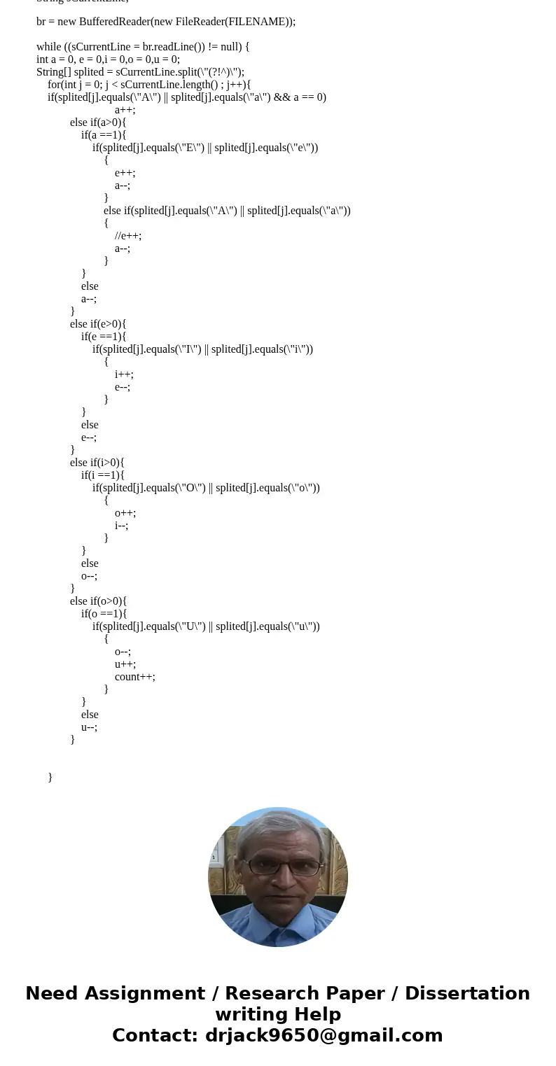 (JAVA) Write a program that reads a file and counts the number of times the vowels ‘A’, ‘E’, ‘I’, ‘O’, ‘U’ occurs exactly in that order. - It ignores consonants