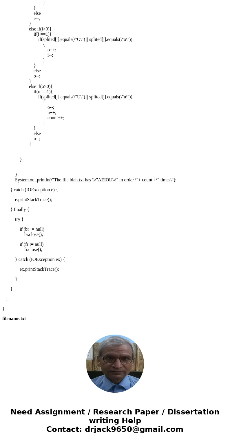 (JAVA) Write a program that reads a file and counts the number of times the vowels ‘A’, ‘E’, ‘I’, ‘O’, ‘U’ occurs exactly in that order. - It ignores consonants