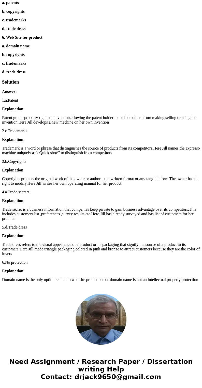 Jill develops a new espresso machine, which she names “Quik Shot.” She also writes the operating manual to be included with each final product and she has a lis Jill develops a new espresso machine, which she names “Quik Shot.” She also writes the operating manual to be included with each final product and she has a lis