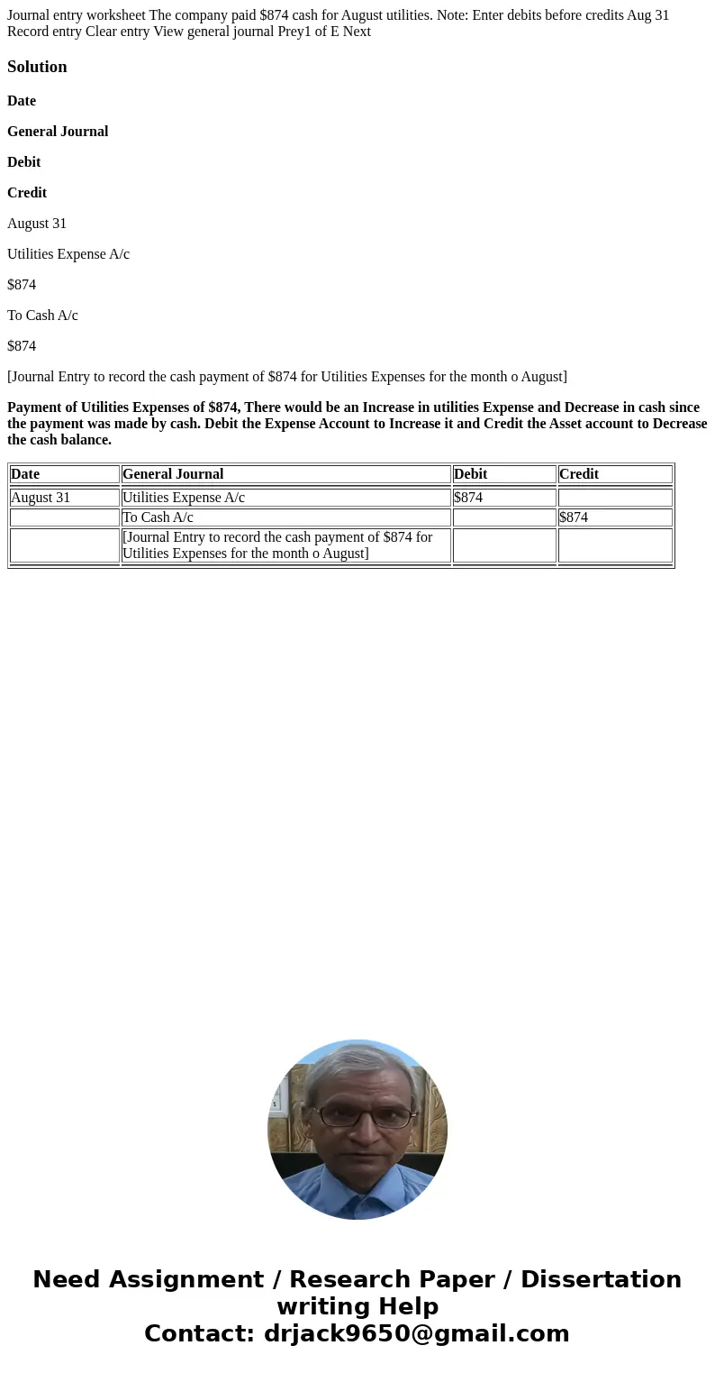  Journal entry worksheet The company paid $874 cash for August utilities. Note: Enter debits before credits Aug 31 Record entry Clear entry View general journal