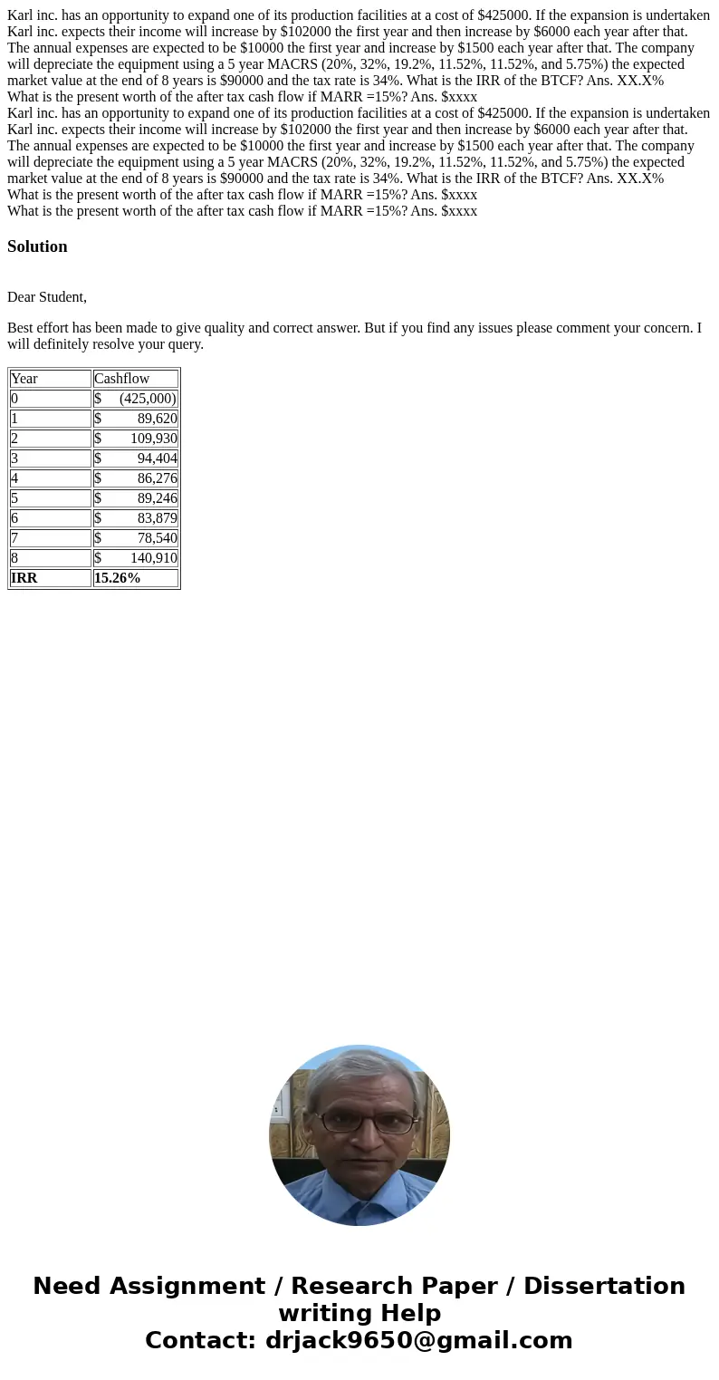 Karl inc. has an opportunity to expand one of its production facilities at a cost of $425000. If the expansion is undertaken Karl inc. expects their income wil  Karl inc. has an opportunity to expand one of its production facilities at a cost of $425000. If the expansion is undertaken Karl inc. expects their income wil