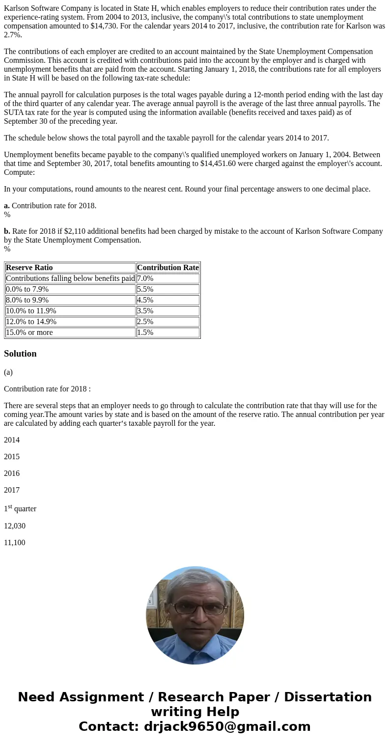 Karlson Software Company is located in State H, which enables employers to reduce their contribution rates under the experience-rating system. From 2004 to 2013 Karlson Software Company is located in State H, which enables employers to reduce their contribution rates under the experience-rating system. From 2004 to 2013