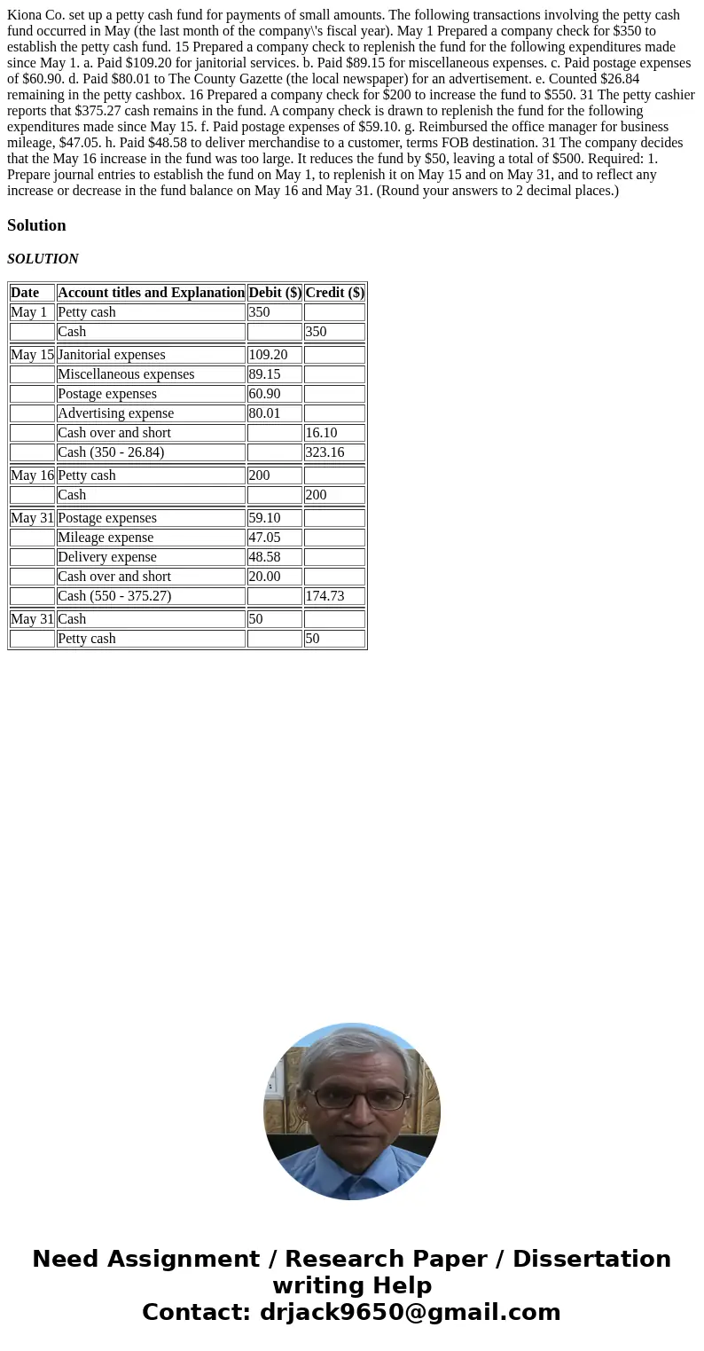 Kiona Co. set up a petty cash fund for payments of small amounts. The following transactions involving the petty cash fund occurred in May (the last month of th Kiona Co. set up a petty cash fund for payments of small amounts. The following transactions involving the petty cash fund occurred in May (the last month of th